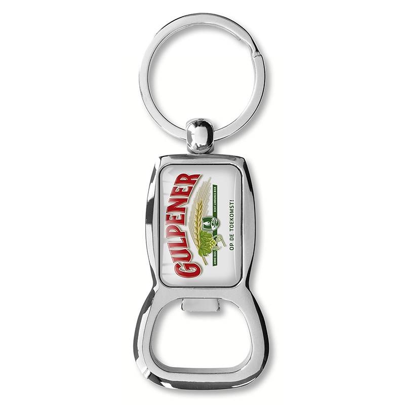 Luxe zilveren sleutelhanger met opener en dominglabel 30,5 x 20,5 mm
