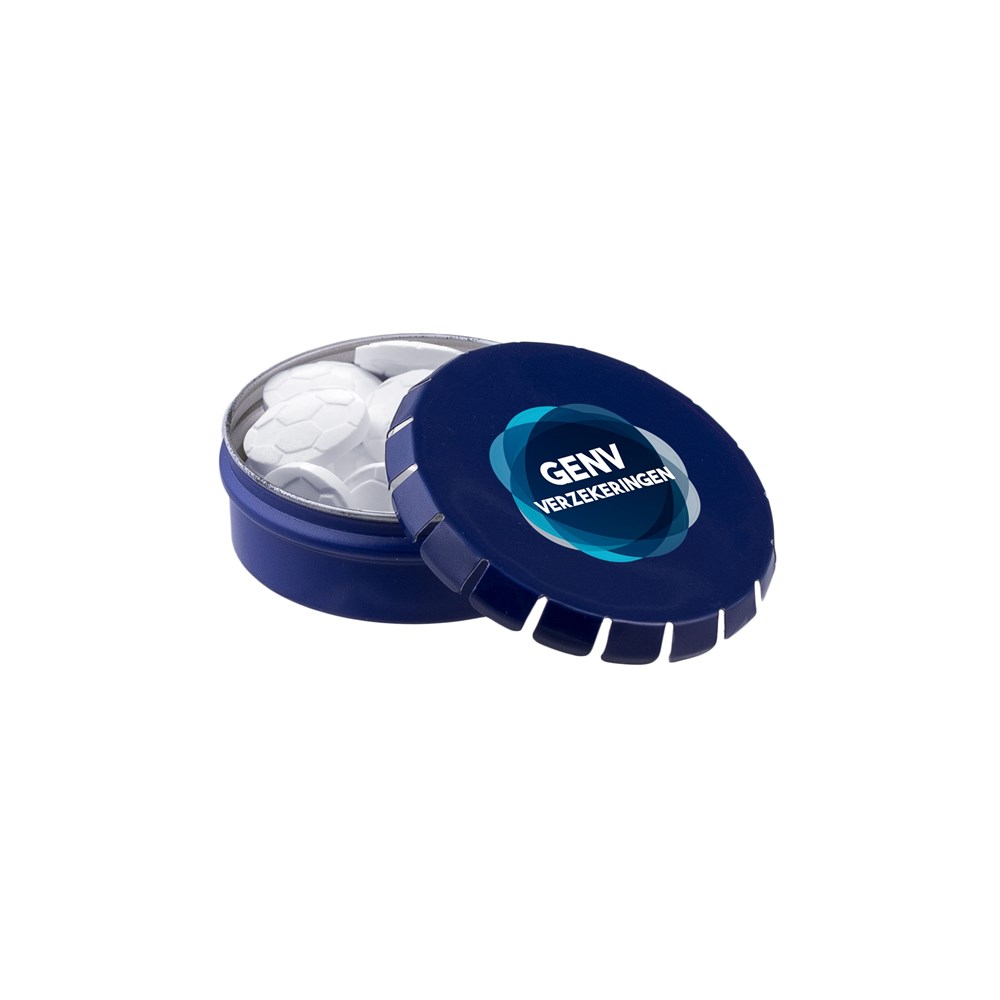 Mini clic-clac blikje met vorm pepermunt - blauw