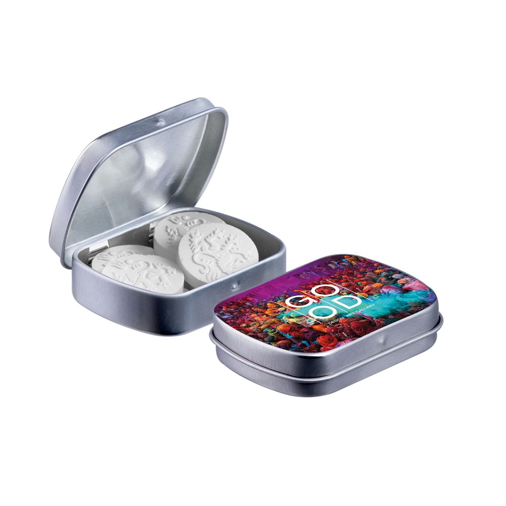 Mini scharnierblikje met vorm pepermunt - zilver