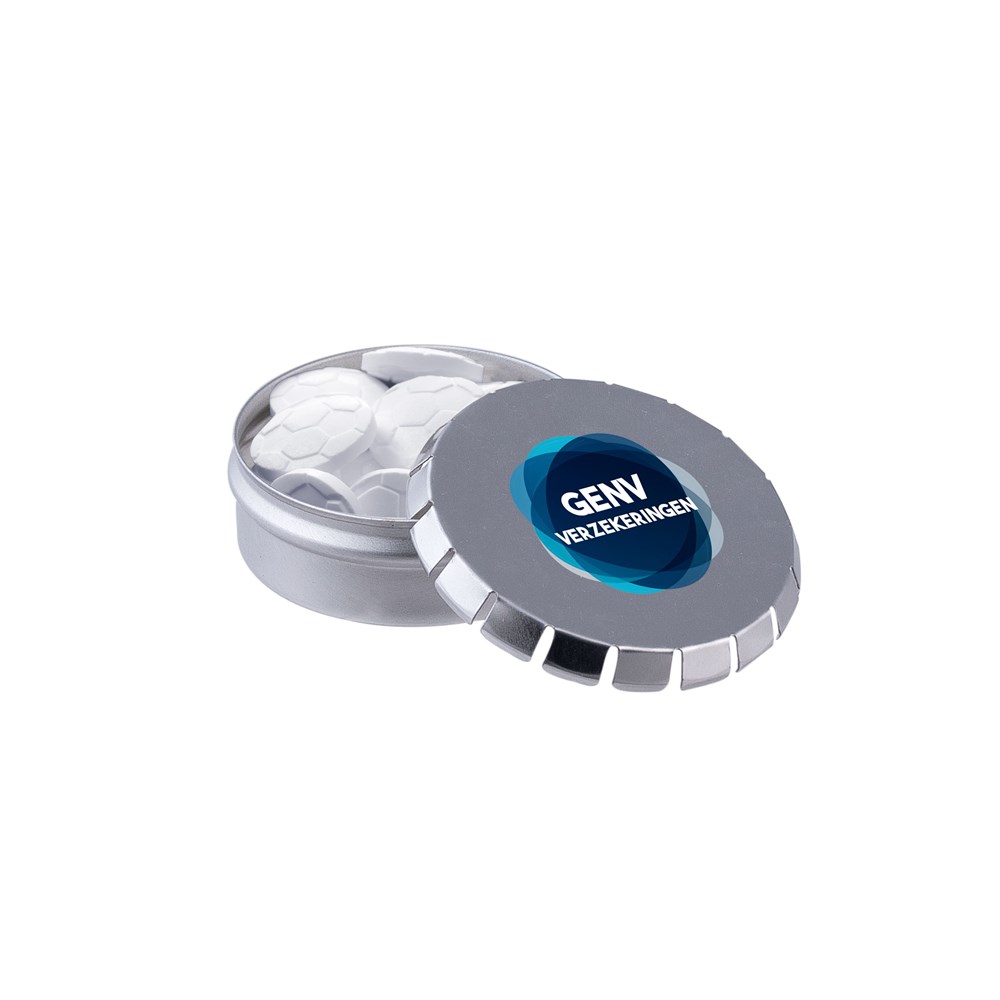 Mini clic-clac blikje met vorm pepermunt - zilver