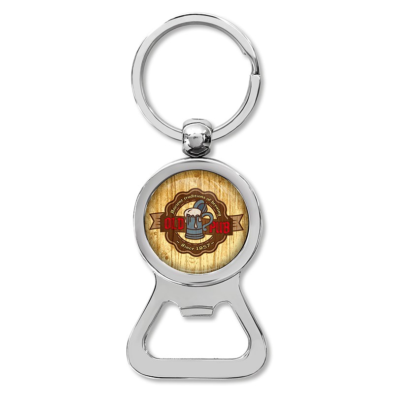 Zilveren sleutelhanger met flesenopener en enkelzijdig dominglabel